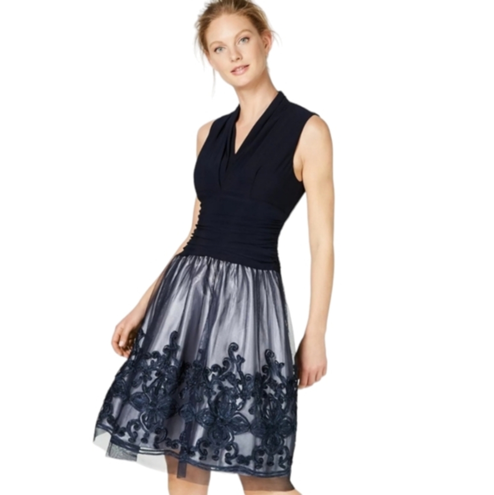 SL NY FASHIONS Illusion Soutache Trim Party Dress Navy Blue Size 8 Medium